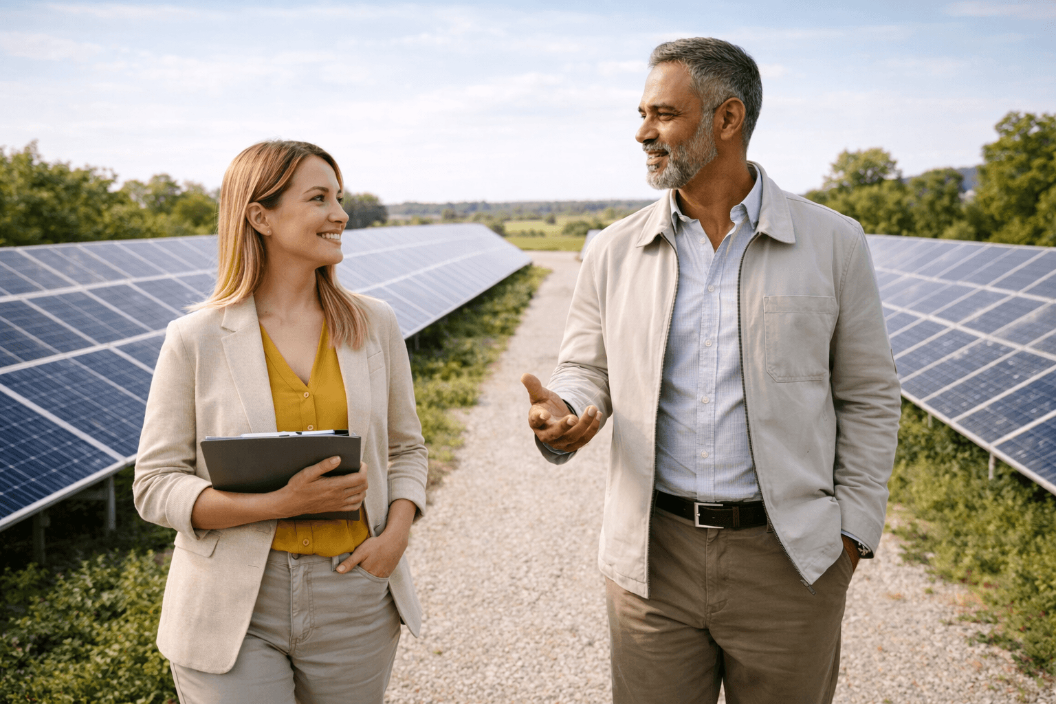 Pessoas envolta de placas solares